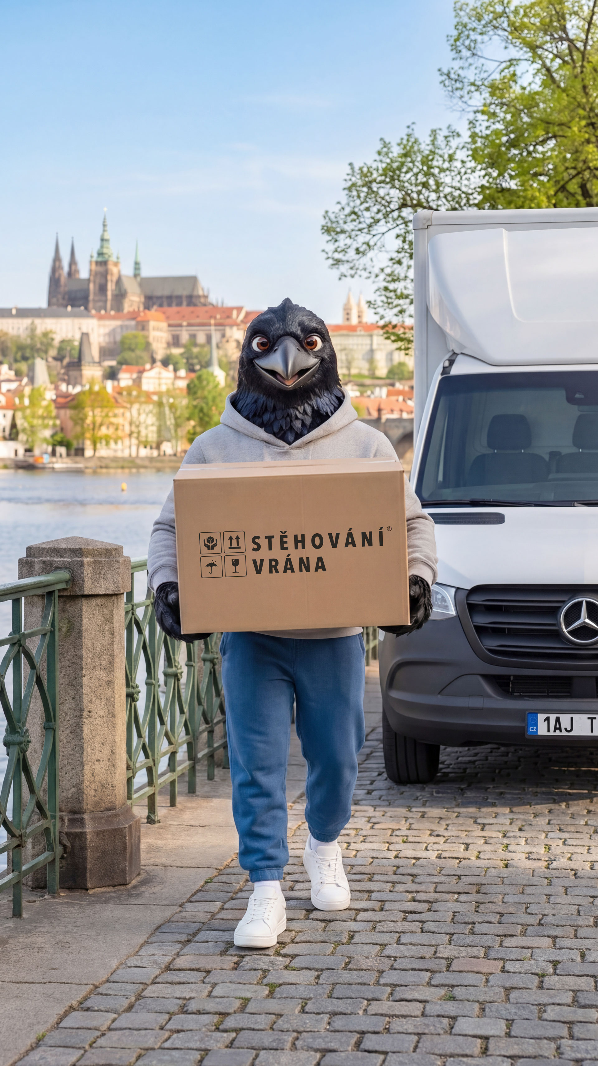 maskot Stěhování Vrána s firemní dodávkou na pražském nábřeží; Stehovanivrana.cz