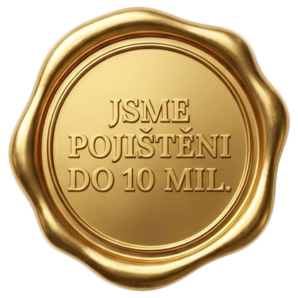 zlatá pečeť s informací o pojištění firmy na škody do 10 mil. Kč; Stehovanivrana.cz